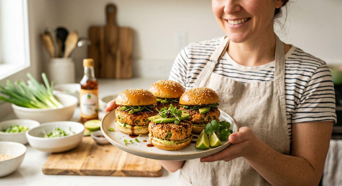 Person in an apron presents a plate with four sesame‑seed veggie burgers, greens, and lime wedges in a bright kitchen.
