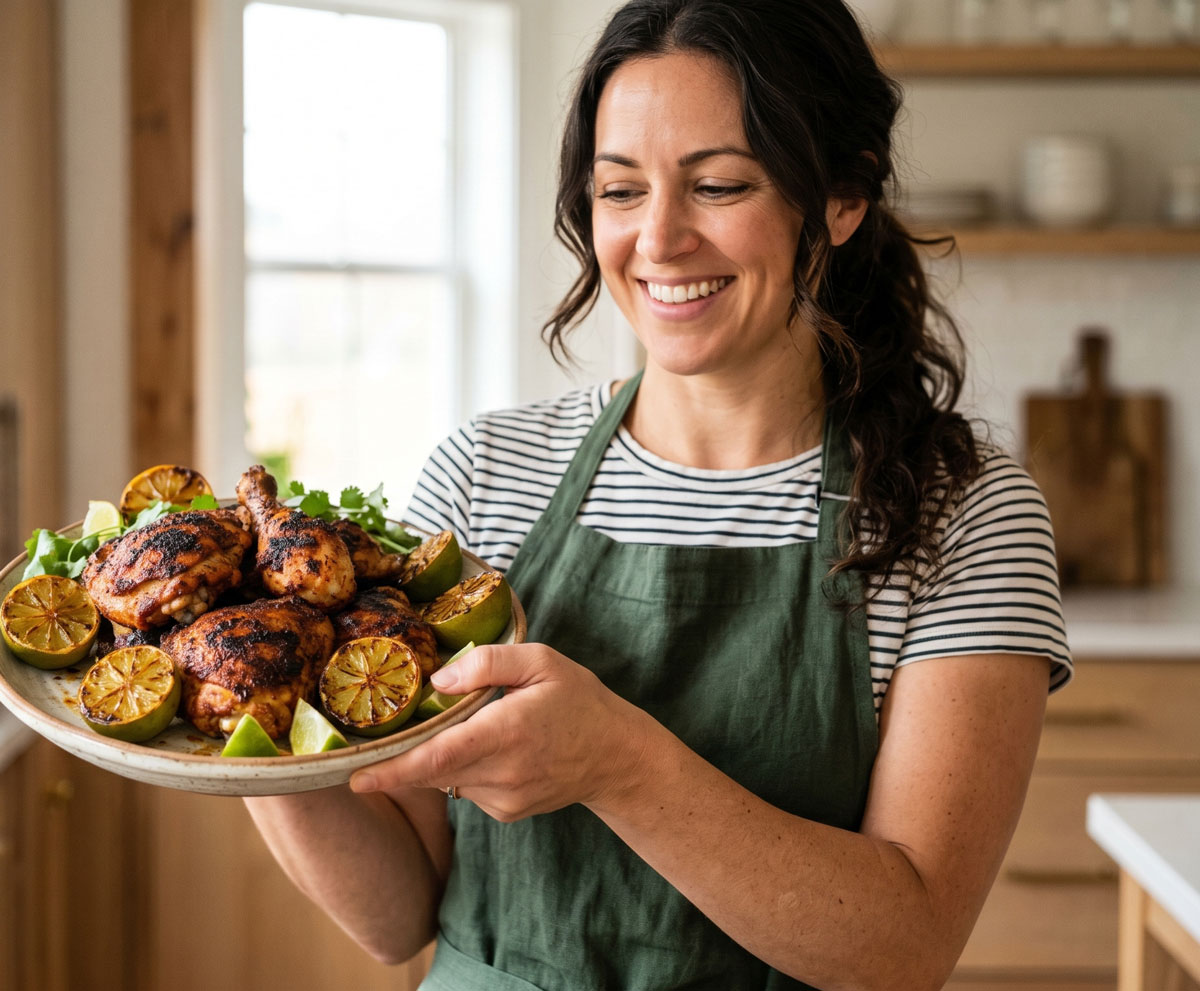 A diptych image showing close-up detail of spiced chicken with grilled lime garnished with cilantro on a rustic plate (left), and a smiling chef in a green apron holding the full platter in a light, rustic kitchen (right).