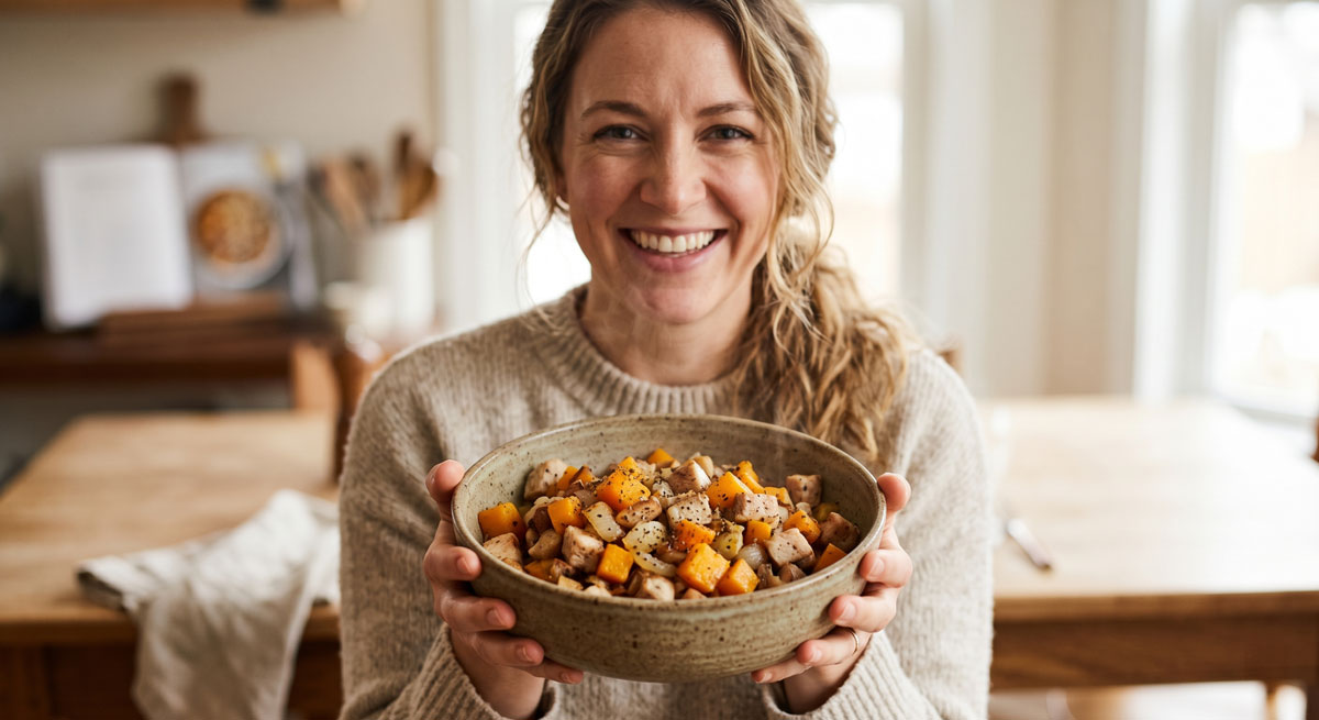 A smiling woman in a cozy sweater holding a rustic ceramic bowl filled with hearty, homemade Turkey Hash featuring roasted butternut squash, diced turkey, and caramelized onions.