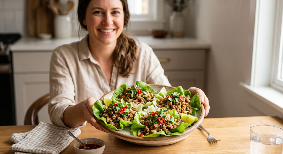 Smiling woman presents a platter of lettuce wraps filled with seasoned minced meat and herbs in a bright kitchen.
