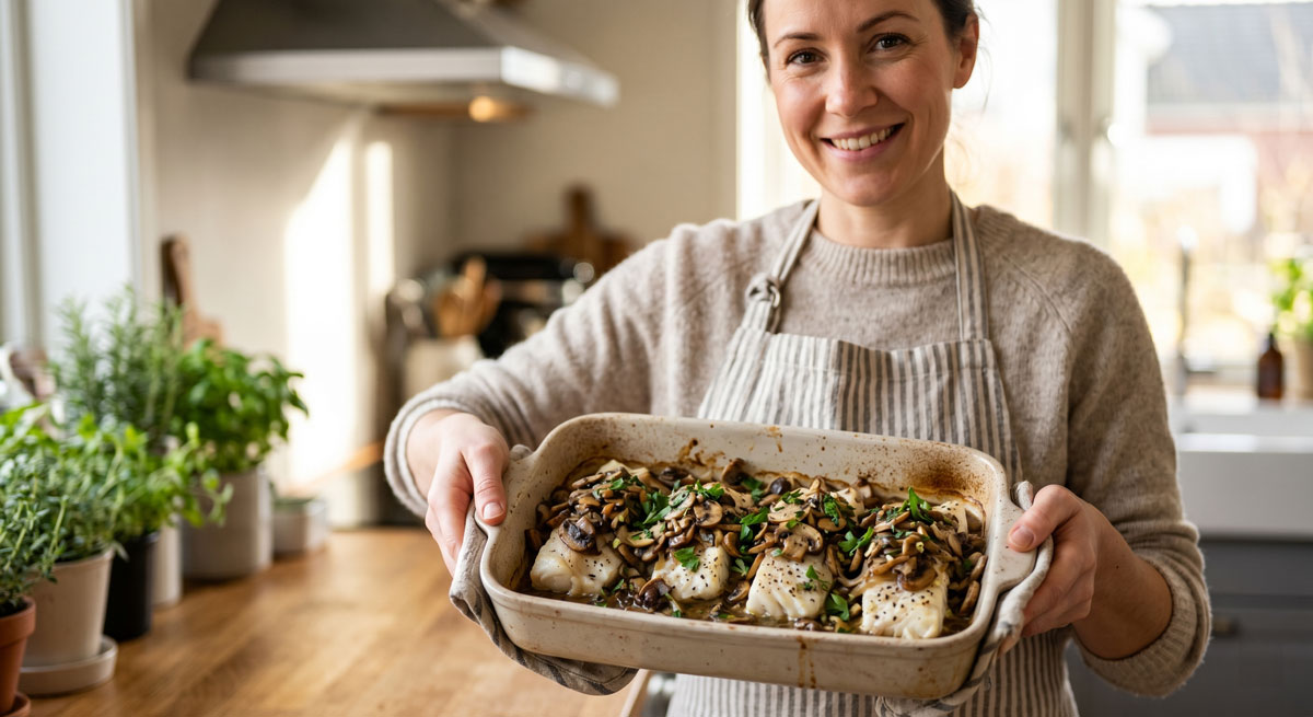 Smiling woman in a sweater and apron holds a baking dish with herb-roasted chicken and mushrooms.