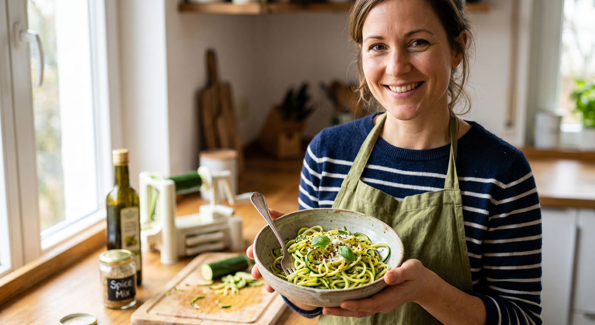 Smiling woman in a striped sweater and green apron holds a bowl of green pasta in a sunny kitchen.
