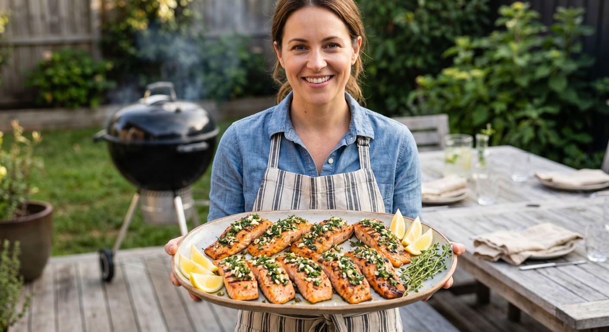 A large platter of Barbecued Salmon with Lemon and Herbs, topped with dill and capers, garnished with lemon wedges, held by a woman in an apron on an outdoor deck with a grill.
