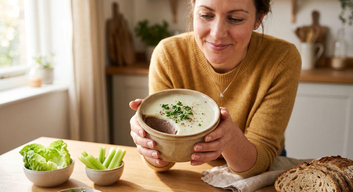 A woman in a yellow sweater holds a ceramic ramekin of homemade Chicken Liver Pâté topped with fresh herbs, sitting at a kitchen table with low-carb dippers like lettuce, celery, and sliced bread.