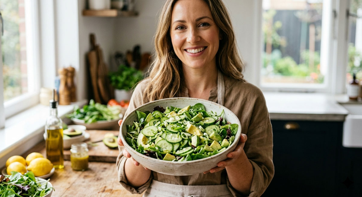 A smiling woman in an apron holding a large bowl of fresh Cucumber & Avocado Salad with greens and lemon dressing in a bright kitchen.