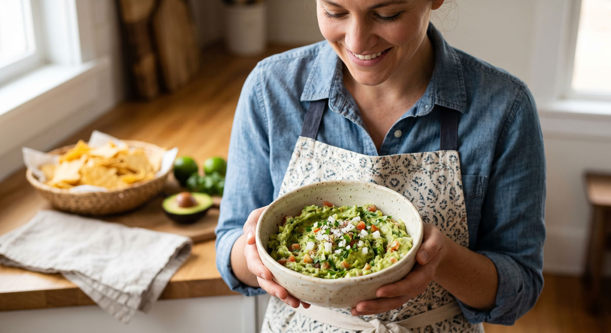A smiling home chef wearing a floral apron holds out a rustic bowl of fresh, homemade Easy Guacamole, garnished with diced red onions, cilantro, and black pepper, with fresh limes and tortilla chips in the blurred kitchen background.