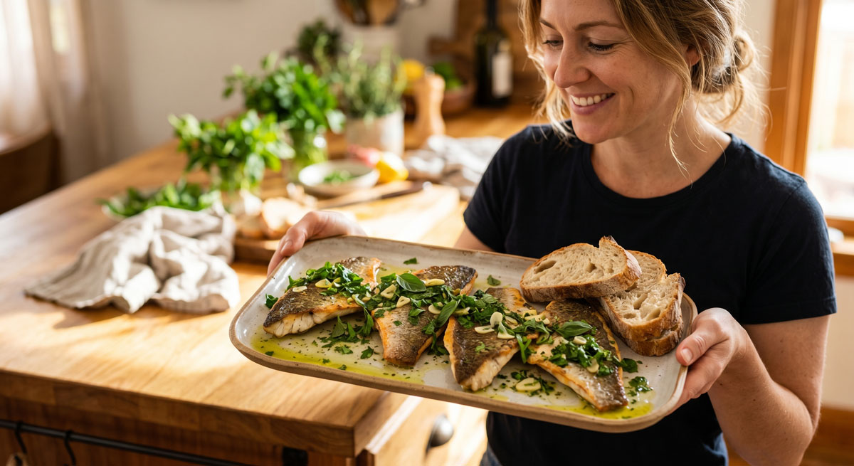 A smiling woman holding a platter of pan-seared fish with herb sauce, topped with fresh parsley, basil, and mint, served alongside slices of crusty bread.
