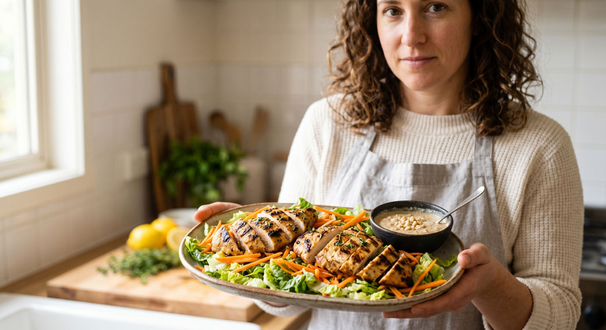 A female food blogger holding a rustic platter of Grilled Lemony Chicken served over a fresh Romaine lettuce and carrot salad, accompanied by a small bowl of nut sauce.