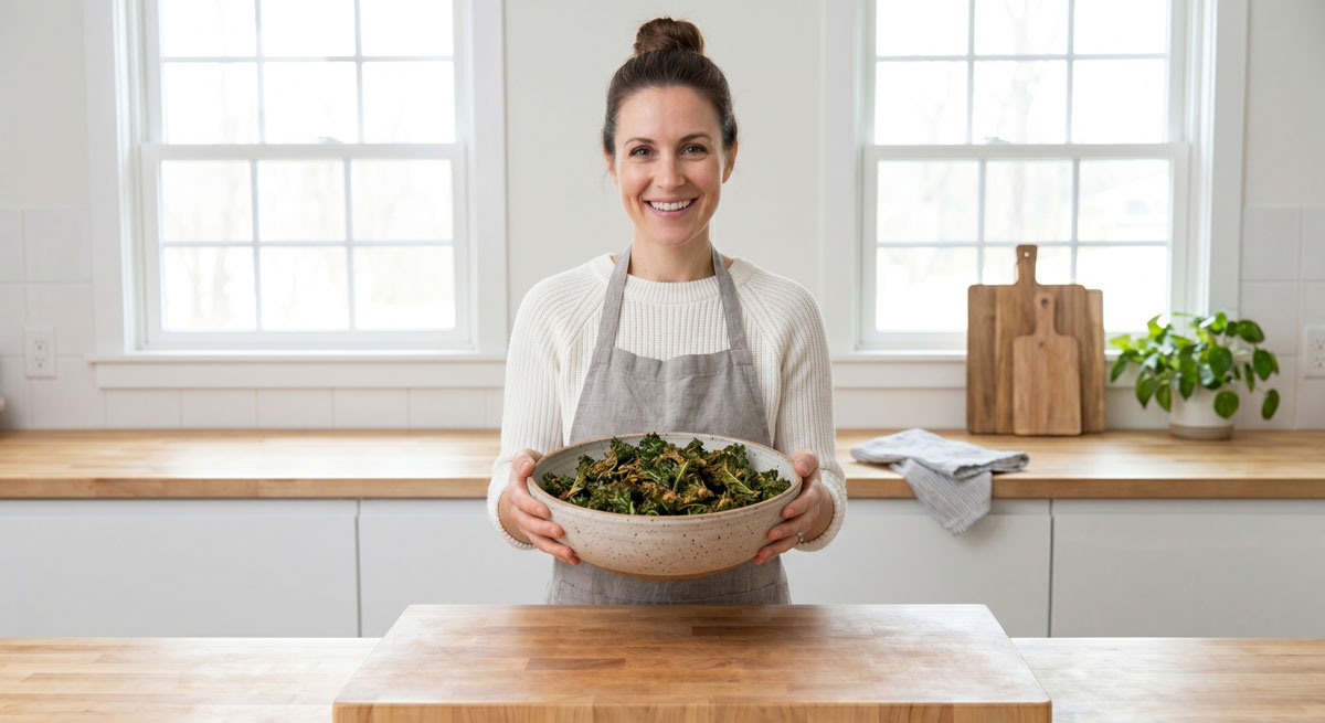 A smiling woman in a bright white kitchen wearing a grey apron, holding a rustic ceramic bowl filled with freshly baked, crispy paprika and chili kale chips.