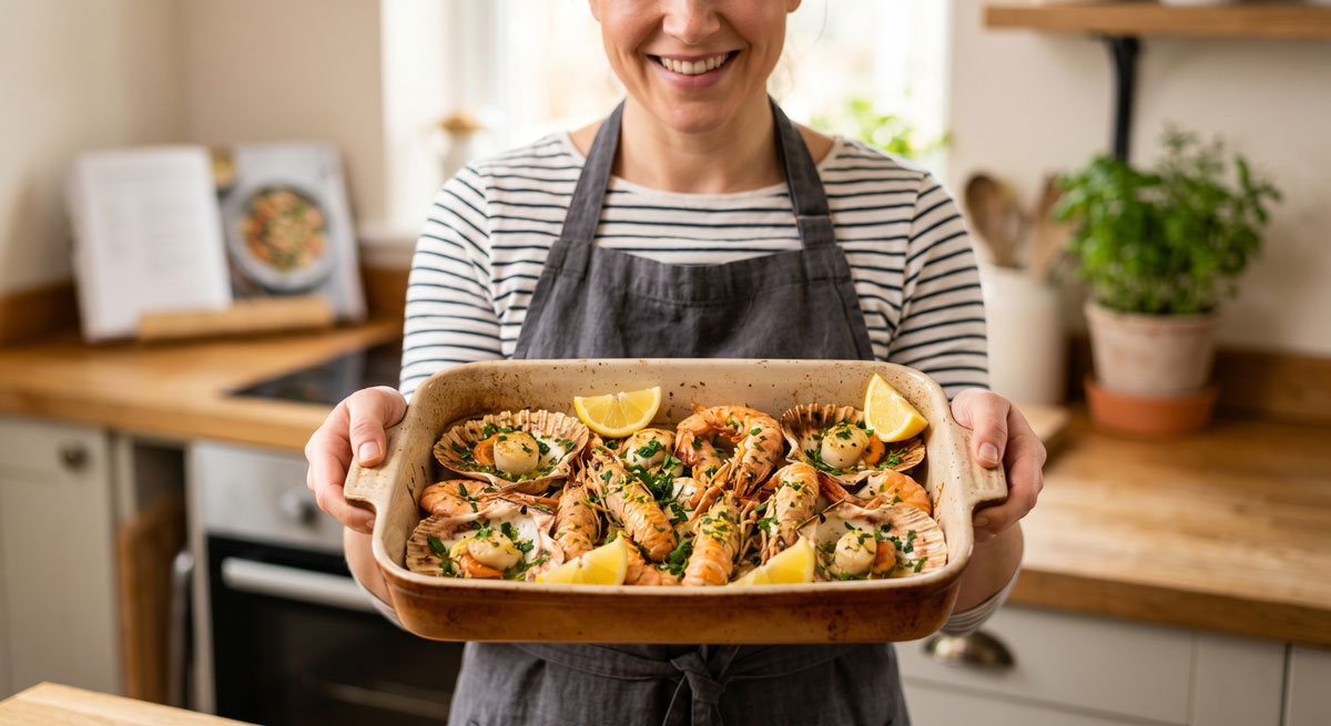 A smiling woman wearing an apron holds out a ceramic baking dish filled with fresh Roasted Seafood with Herbs & Lemon, including whole prawns, scallops in their shells, and halved scampi, garnished with fresh parsley and lemon wedges.
