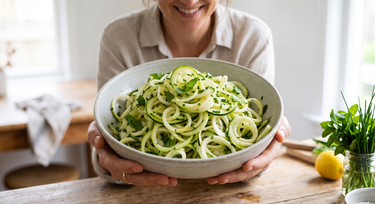 A woman holding a large ceramic bowl filled with fresh Zucchini Ribbon Salad, featuring spiralized zucchini dressed with lemon juice, olive oil, and topped with fresh mint and chives.