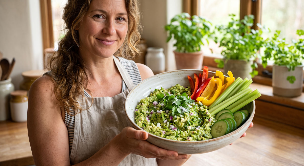A friendly chef wearing a linen apron holds a large ceramic bowl of freshly made guacamole with vegetables, surrounded by colourful dipping sticks of bell peppers, celery, and cucumber.
