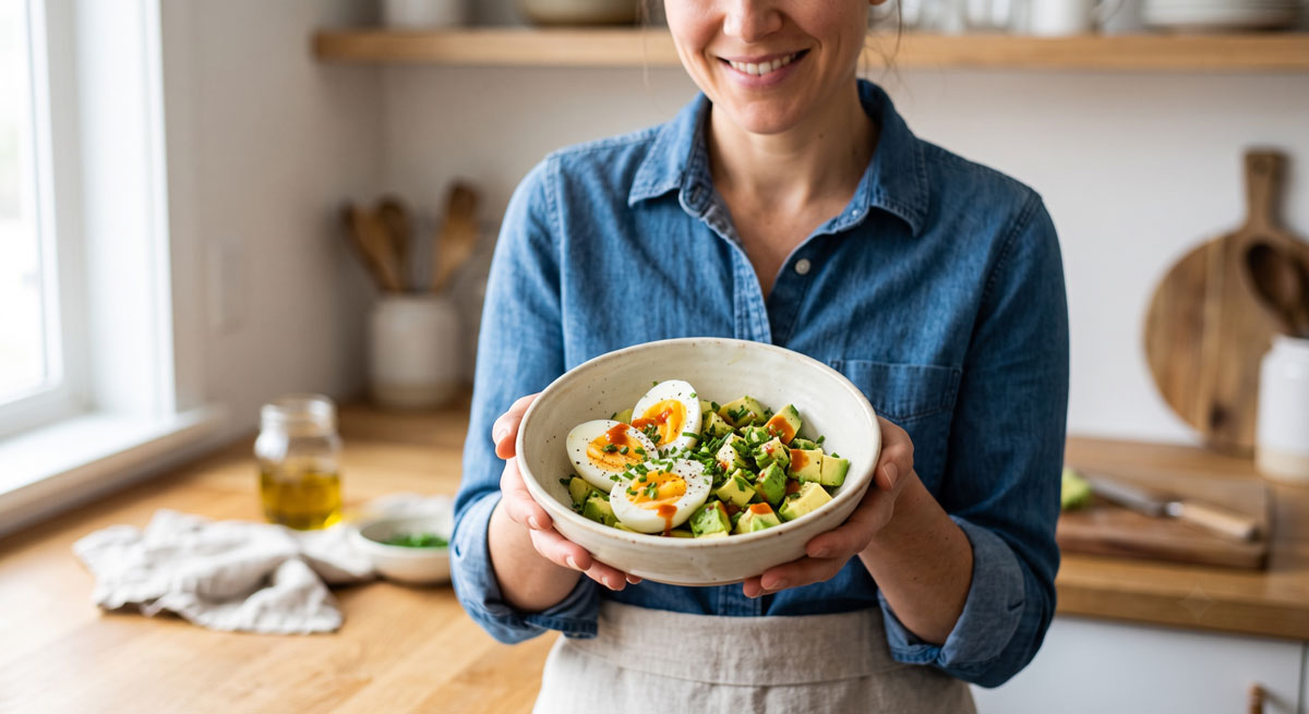 A woman smiling in a kitchen, comfortably holding a rustic white bowl containing a healthy serving of Hard-Boiled Eggs with Avocado, topped with fresh chopped herbs and a drizzle of hot sauce.