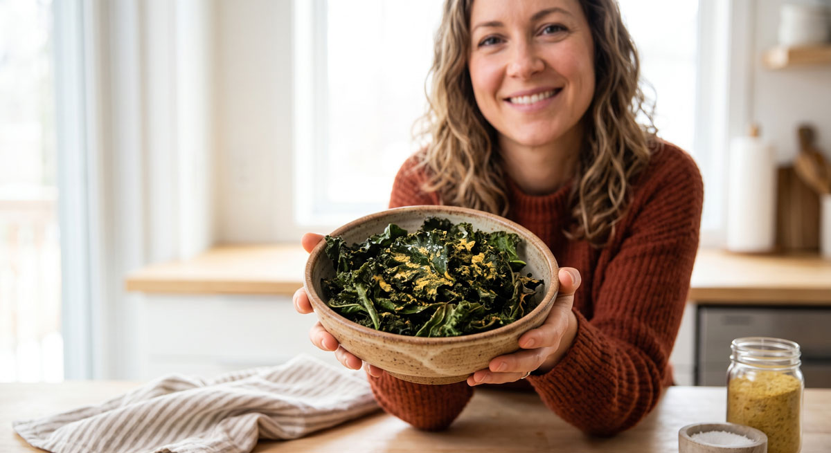 A smiling woman in a warm kitchen holding a rustic ceramic bowl filled with perfectly baked, crispy kale chips, visibly dusted with golden nutritional yeast and flaky sea salt.