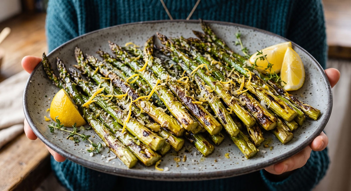 Plate of charred grilled asparagus spears with lemon zest and herbs, held by someone in a teal sweater.