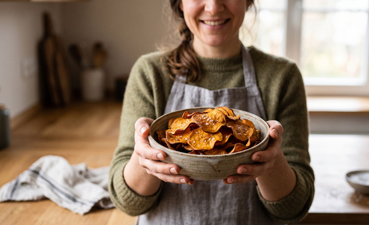 A smiling woman in a warm white sweater holds a rustic ceramic bowl filled with perfectly crisp, golden-brown roasted sweet potato chips. The healthy, three-ingredient chips are seasoned with flaky sea salt and fresh rosemary, sitting on a sunlit wooden table in a cozy kitchen.