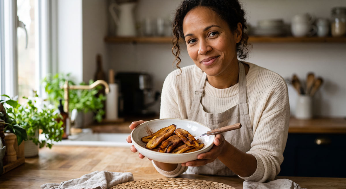 A woman in an apron smiling in a kitchen while holding a bowl of healthy fried plantain sprinkled with cinnamon.