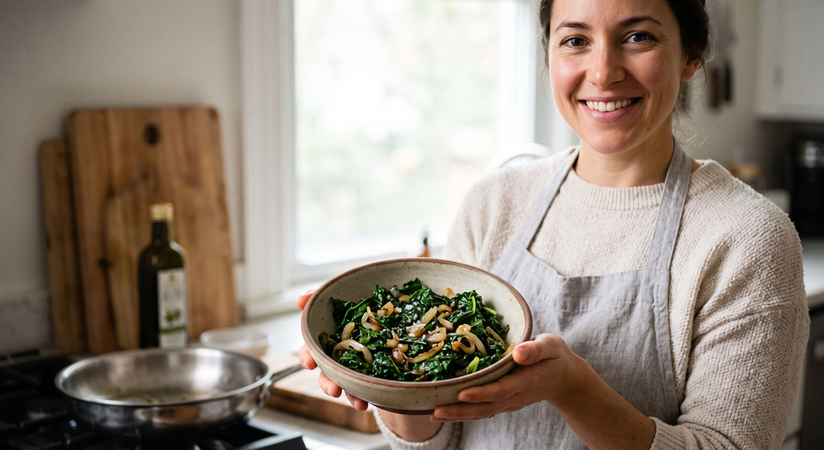 A smiling woman holding a rustic bowl of healthy sautéed kale mixed with sweet caramelized onions in a bright, cozy home kitchen setting.