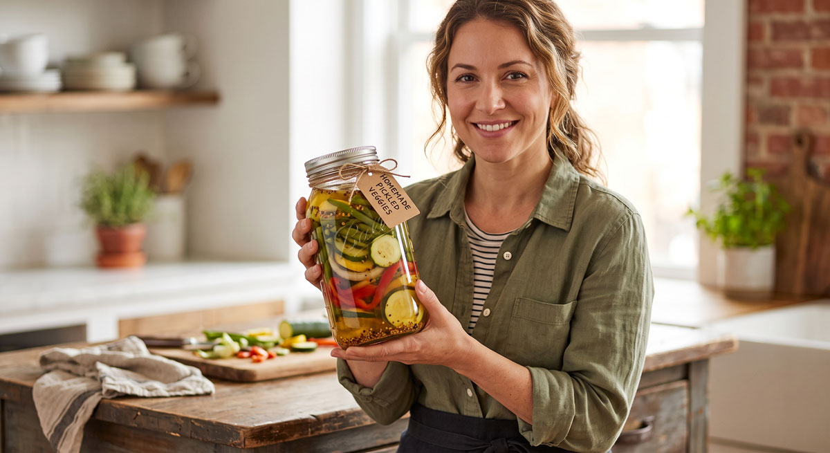 A smiling woman in an olive green shirt and apron holds a large glass mason jar filled with colorful "Pickled Veggies" in a rustic kitchen setting. A handwritten tag attached with twine reads "Homemade Pickled Veggies." In the background, there's a wooden island with fresh vegetables and kitchen supplies.