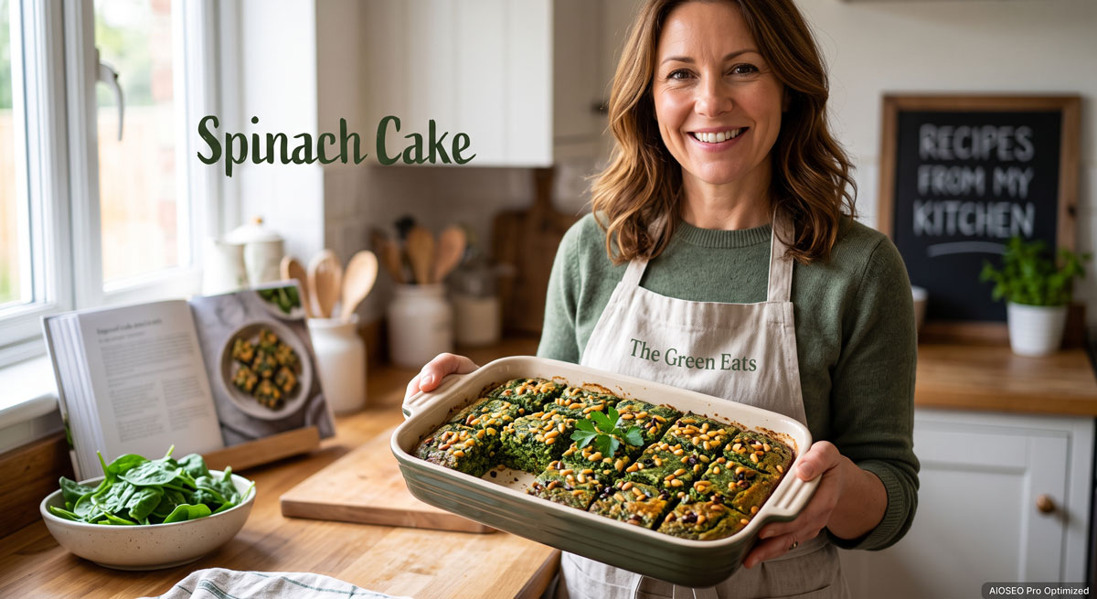 A smiling woman in a warm kitchen holding a baking dish filled with freshly baked, vibrant green Spinach Cake topped with golden pine nuts and currants.