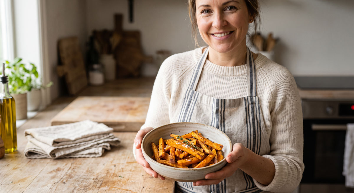 A smiling woman wearing an apron holds a rustic bowl filled with golden, crispy baked squash fries seasoned with sea salt in a home kitchen.