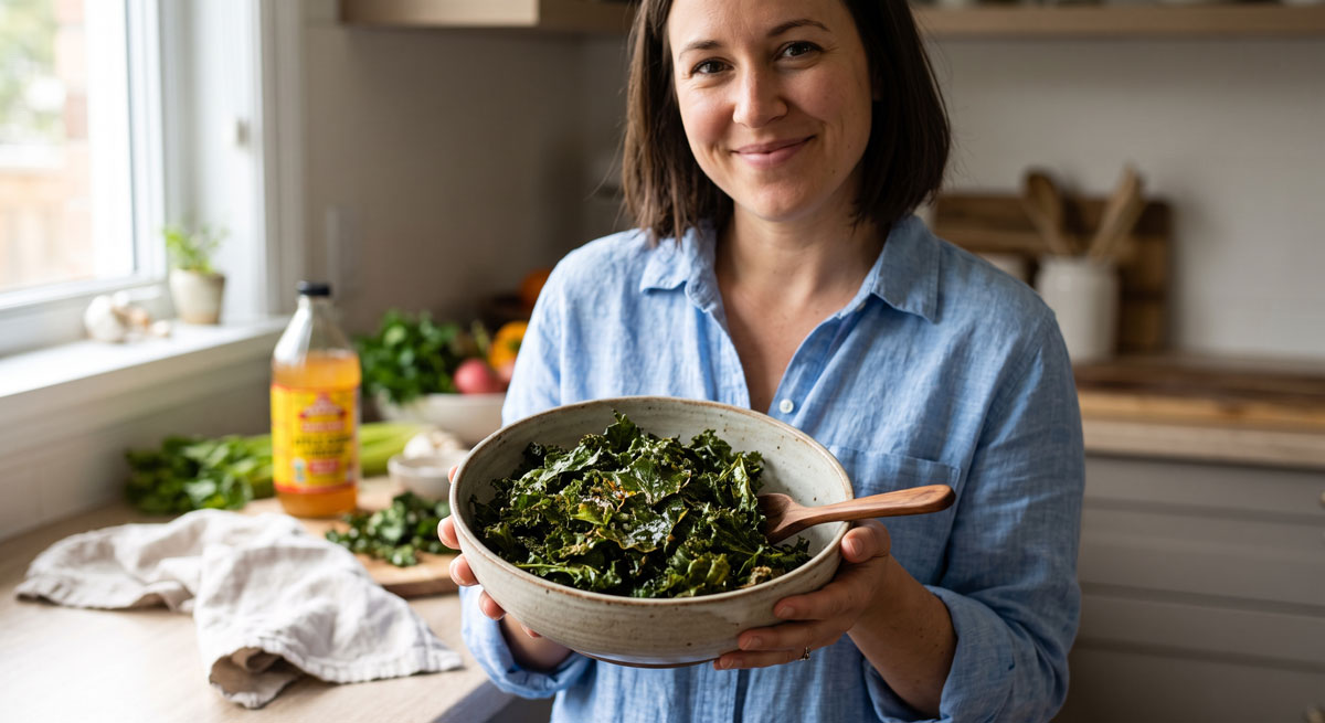 A smiling woman in a blue linen shirt holding a rustic bowl filled with crispy, homemade Vinegar & Salt Kale Chips in a bright, modern kitchen.