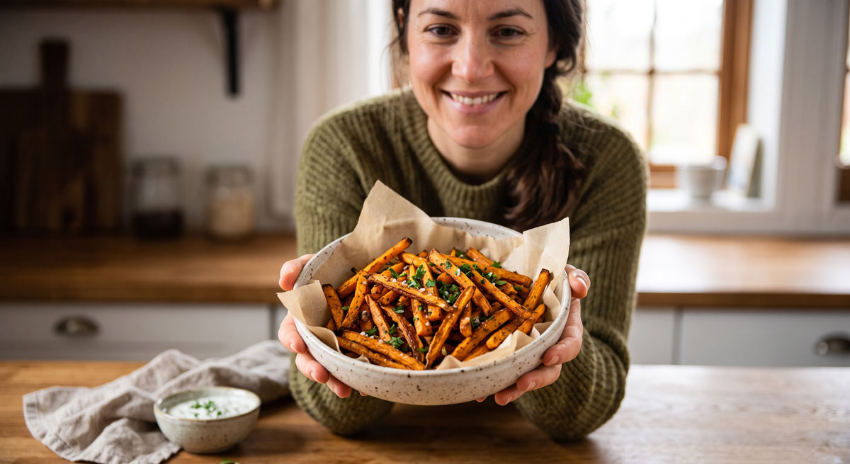 Woman in a green sweater presents a bowl of roasted sweet potato fries topped with herbs in parchment paper, in a cozy kitchen interior.