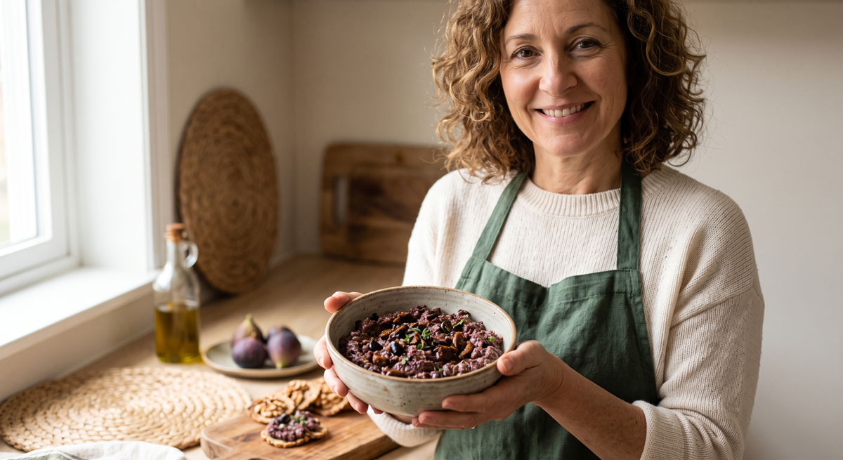Smiling woman in a beige sweater and green apron presents a bowl of fig and nut crumble in a bright kitchen.
