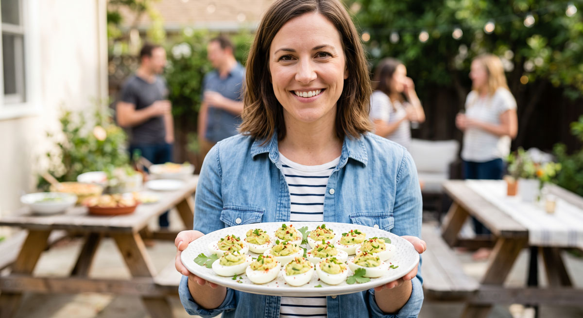 A smiling woman at an outdoor party comfortably holding a white platter of fresh Guacamole Deviled Eggs garnished with cilantro, chives, and red pepper flakes.