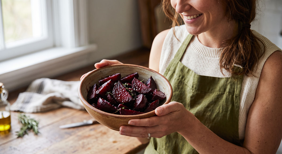 A smiling woman wearing a green apron holds a rustic ceramic bowl filled with glistening, herb-garnished roasted balsamic beets.