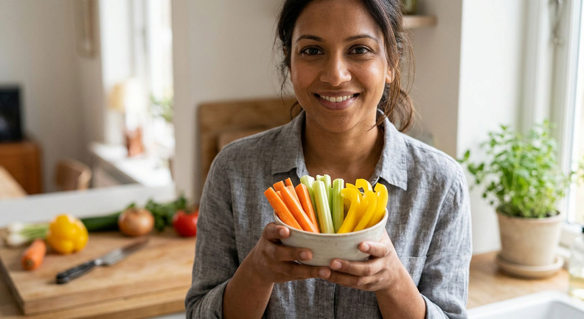 A smiling woman in a kitchen holding a bowl containing a quick veggie snack made of fresh, crunchy carrot, celery, and yellow pepper sticks.