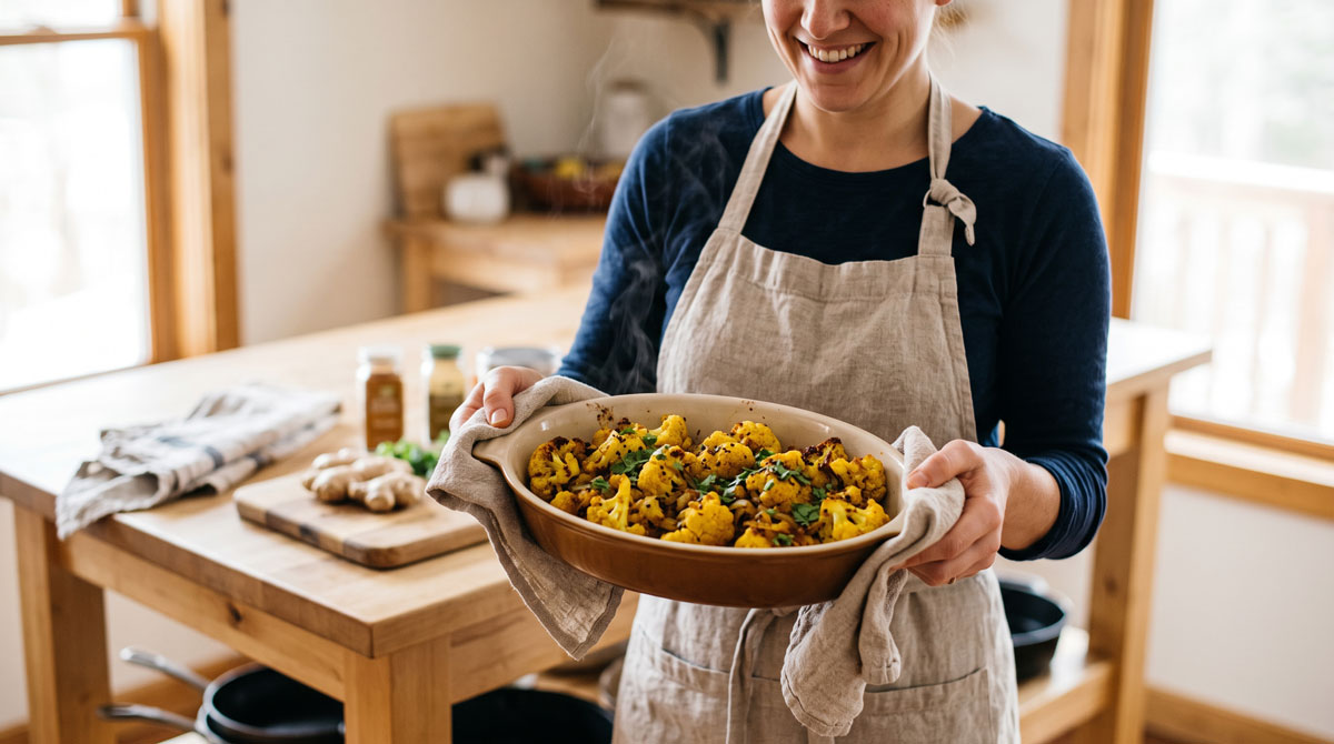Person in a beige apron holding a baking dish of roasted cauliflower, garnished with herbs, in a sunny kitchen AP image?