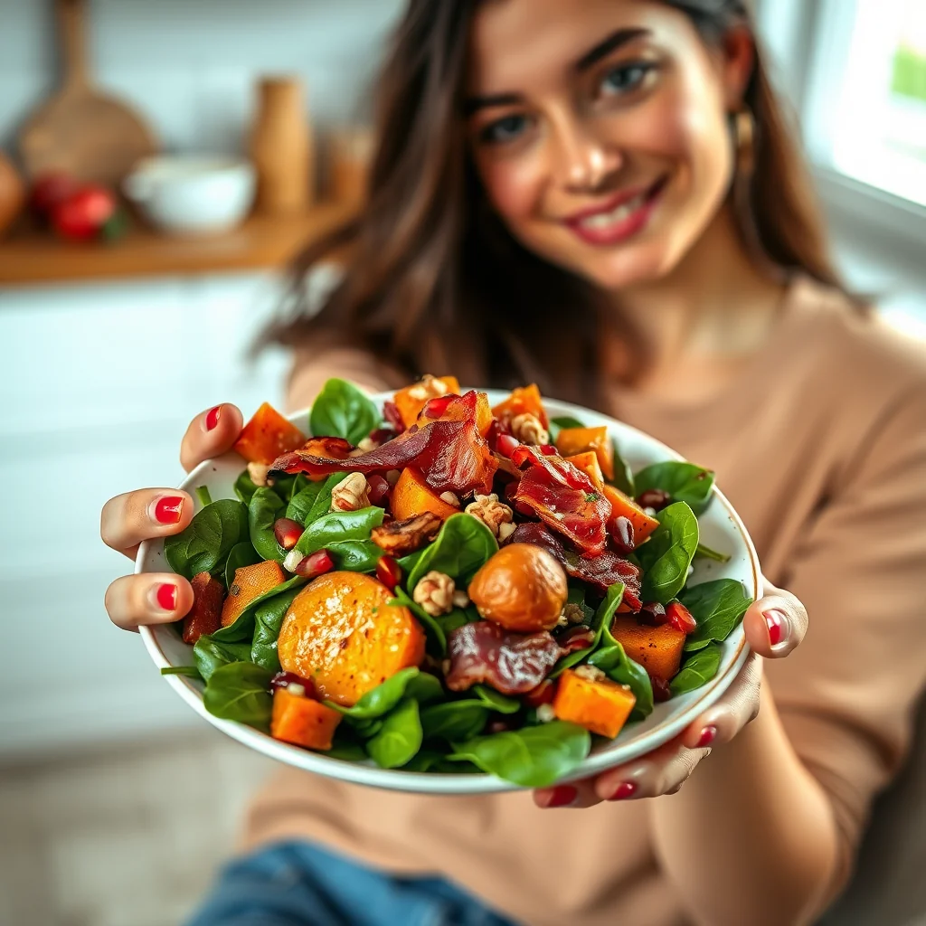 Spinach Salad with Sweet Potato, Bacon, Walnuts, and Pomegra – paleo recipe