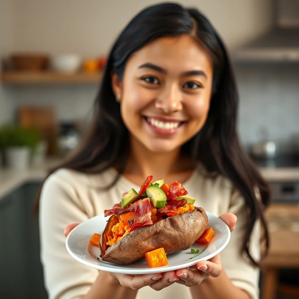 Baked Sweet Potato with Bacon, Red Pepper & Avocado – paleo recipe